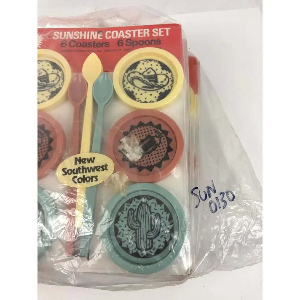 VTG 70s 80s‎ Sunshine Coaster Set (6) & Spoons Plastic NIB NOS Southwest Colors